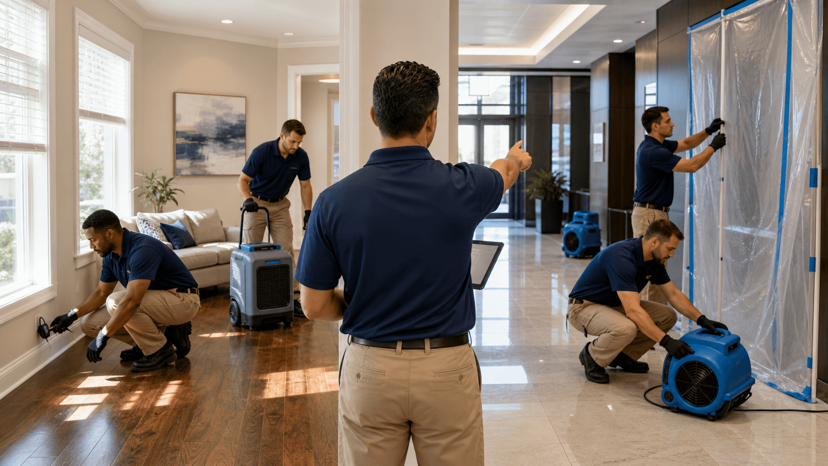Split-screen showing a flooded living room and a commercial office, blue water reflections under warm indoor light